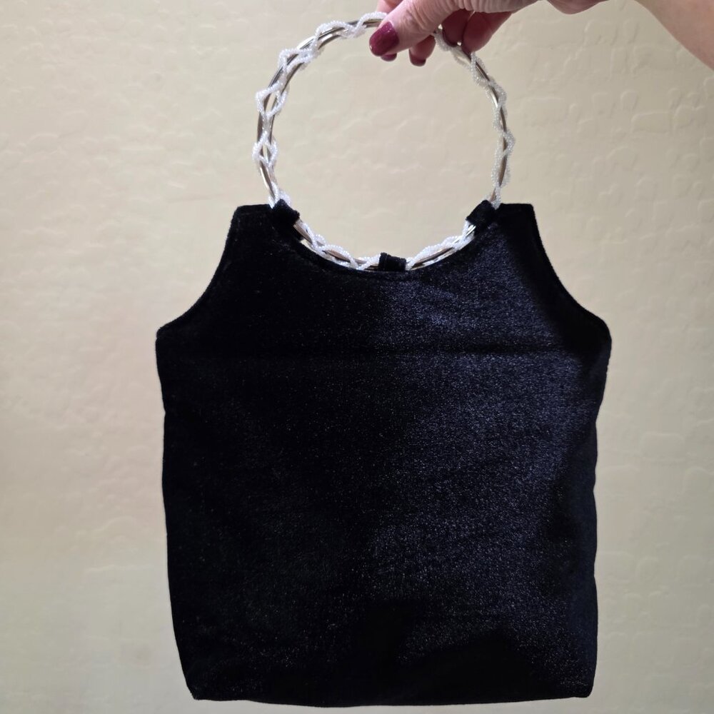 Victoria's Secret Black Velvet Plush Evening Bag Purse Pearl Wrap Metal Handles